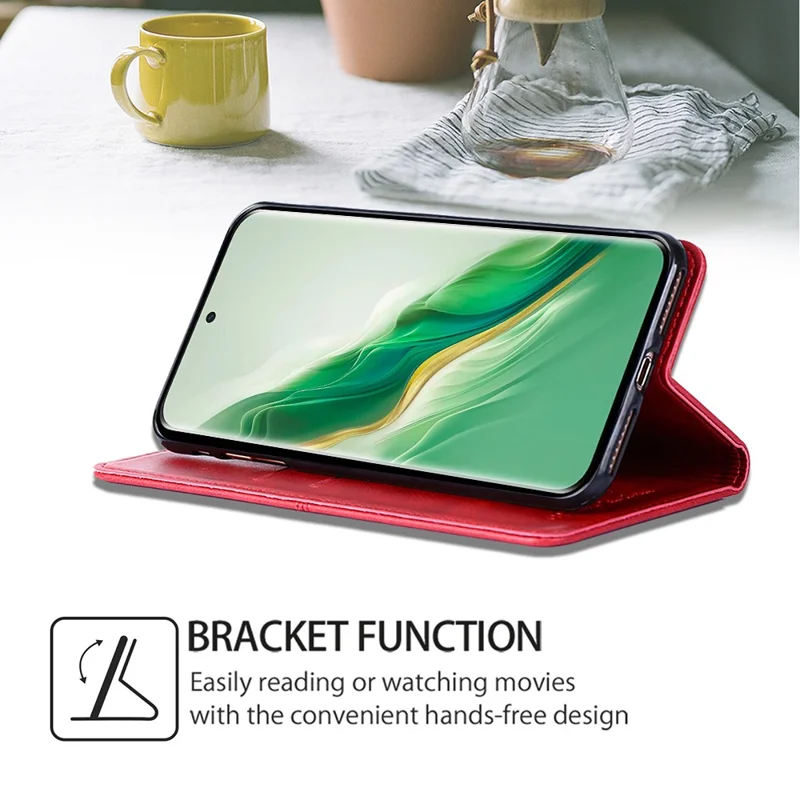 For Honor Magic6 Pro 5G Case Cowhide Texture Anti-Scratch Leather Phone Cover with Card Slots - Red