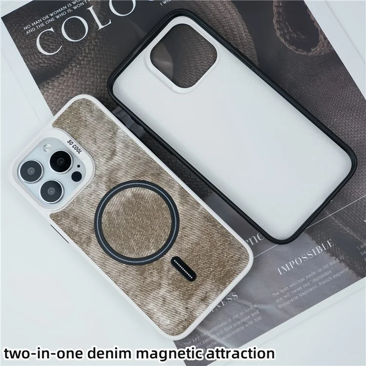 For iPhone 13 Pro Max Magnetic Phone Case Denim Cloth Texture Leather Coated PC+TPU Cover - Blue