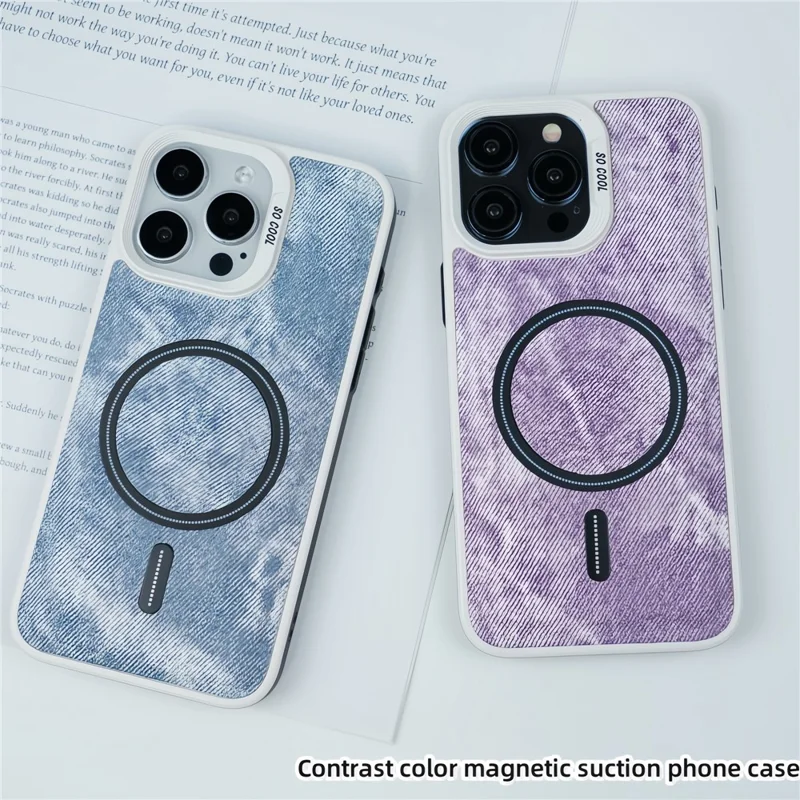 For iPhone 13 Pro Max Magnetic Phone Case Denim Cloth Texture Leather Coated PC+TPU Cover - Grey Blue