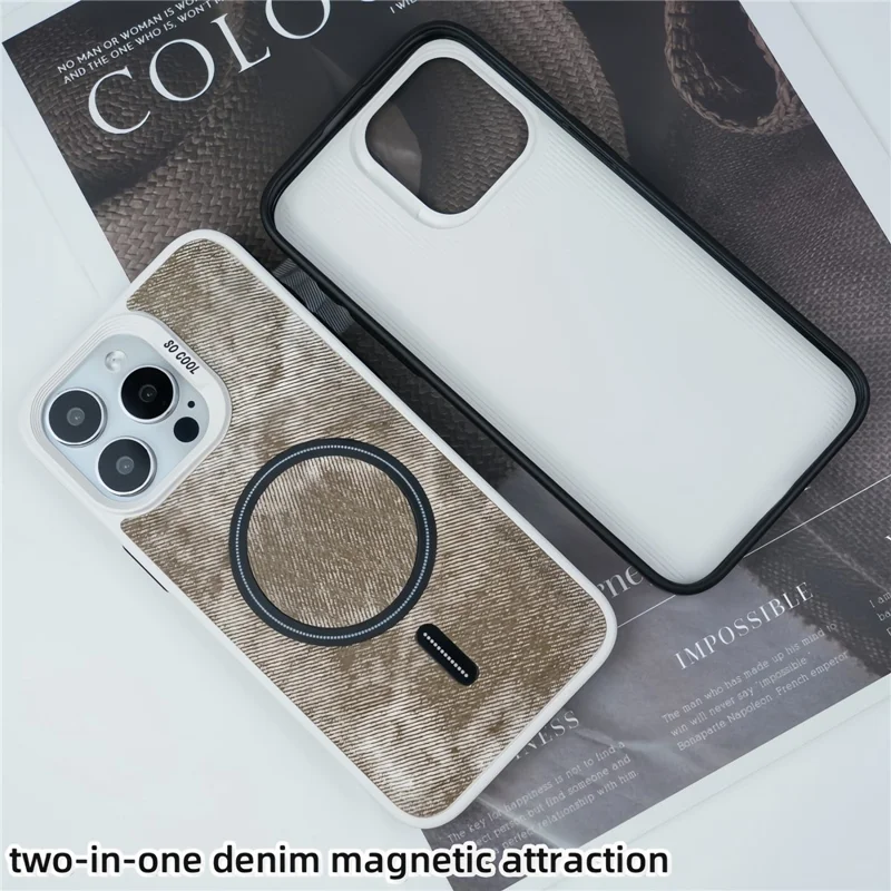 For iPhone 13 Pro Max Magnetic Phone Case Denim Cloth Texture Leather Coated PC+TPU Cover - Grey Blue