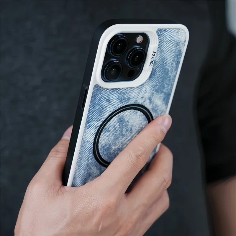 For iPhone 13 Pro Max Magnetic Phone Case Denim Cloth Texture Leather Coated PC+TPU Cover - Grey Blue