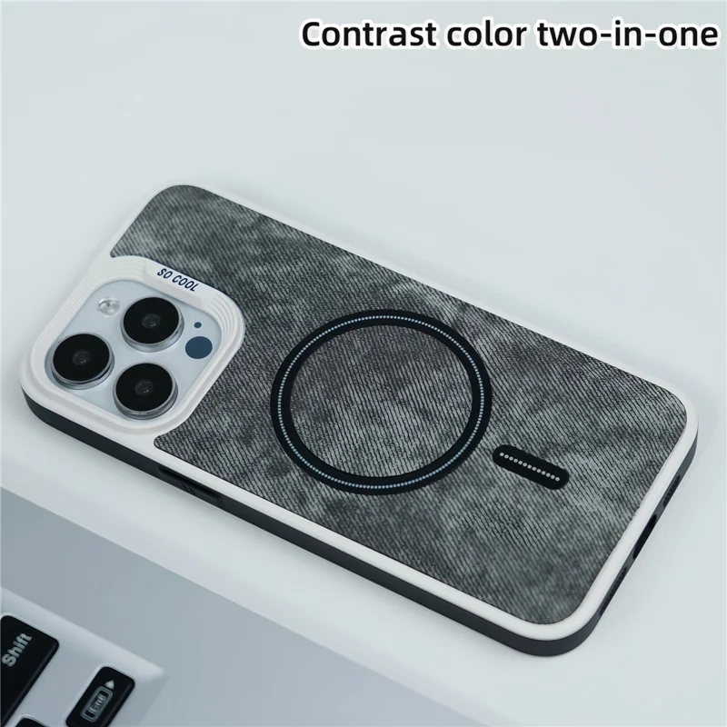 For iPhone 13 Pro Max Magnetic Phone Case Denim Cloth Texture Leather Coated PC+TPU Cover - Grey Blue