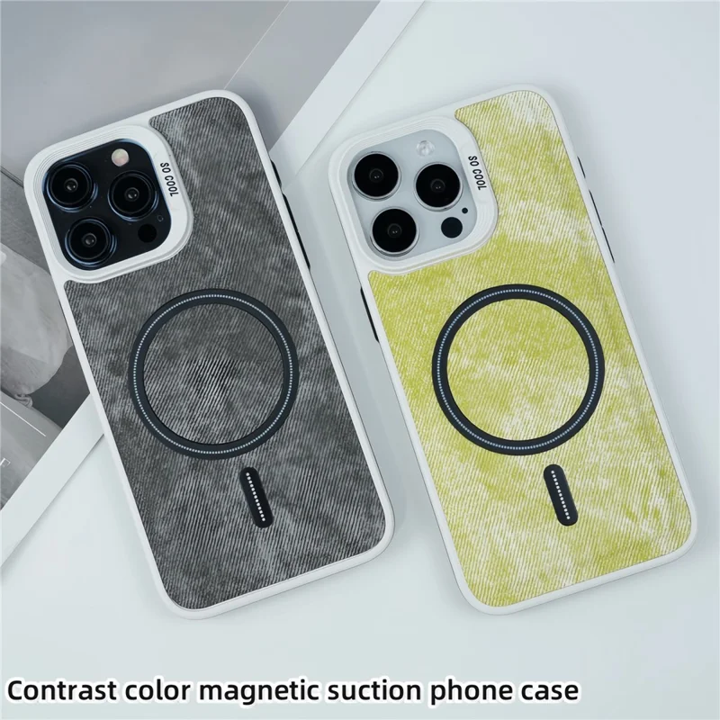 For iPhone 13 Pro Max Magnetic Phone Case Denim Cloth Texture Leather Coated PC+TPU Cover - Grey Blue