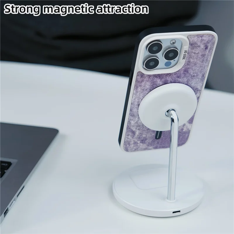 For iPhone 14 Pro Max Magnetic Phone Case Denim Cloth Texture Leather Coated PC+TPU Cover - Grey Blue