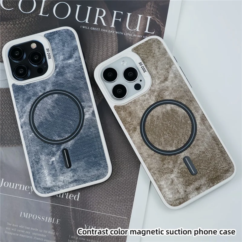 For iPhone 15 Pro Max Case Denim Cloth Texture Leather Coated PC+TPU Phone Cover - Grey Blue