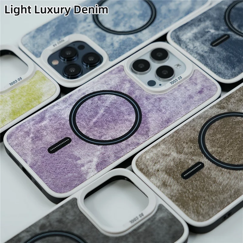 For iPhone 15 Pro Max Case Denim Cloth Texture Leather Coated PC+TPU Phone Cover - Grey Blue