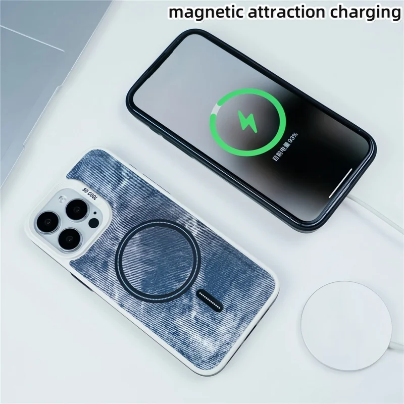 For iPhone 15 Pro Max Case Denim Cloth Texture Leather Coated PC+TPU Phone Cover - Grey Blue