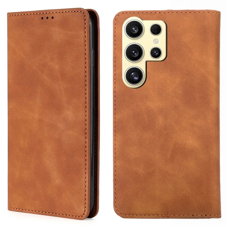 For Samsung Galaxy S24 Ultra Case Stand Card Slots PU Leather Folio Flip Phone Cover - Light Brown