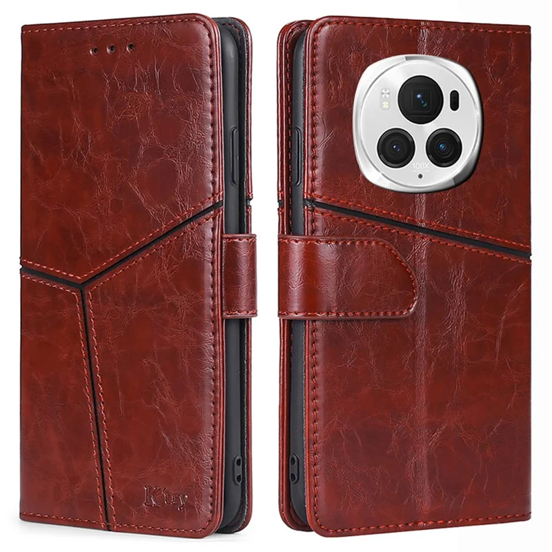 For Honor Magic6 Pro 5G Leather Case Geometric Splicing Phone Cover with Wallet - Dark Brown