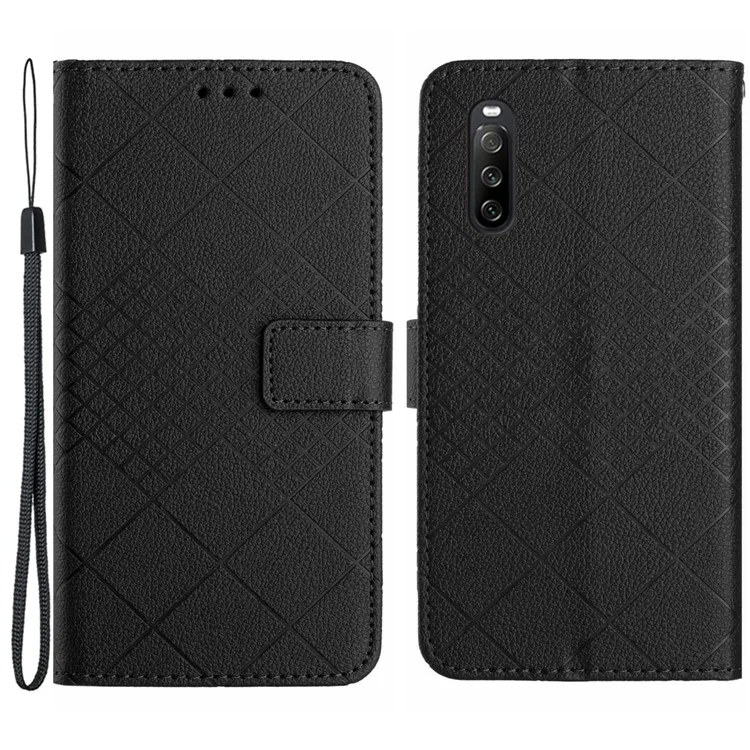 HT06 For Sony Xperia 10 VI Case Rhombus Pattern Imprinted Leather Wallet Phone Cover - Schwarz