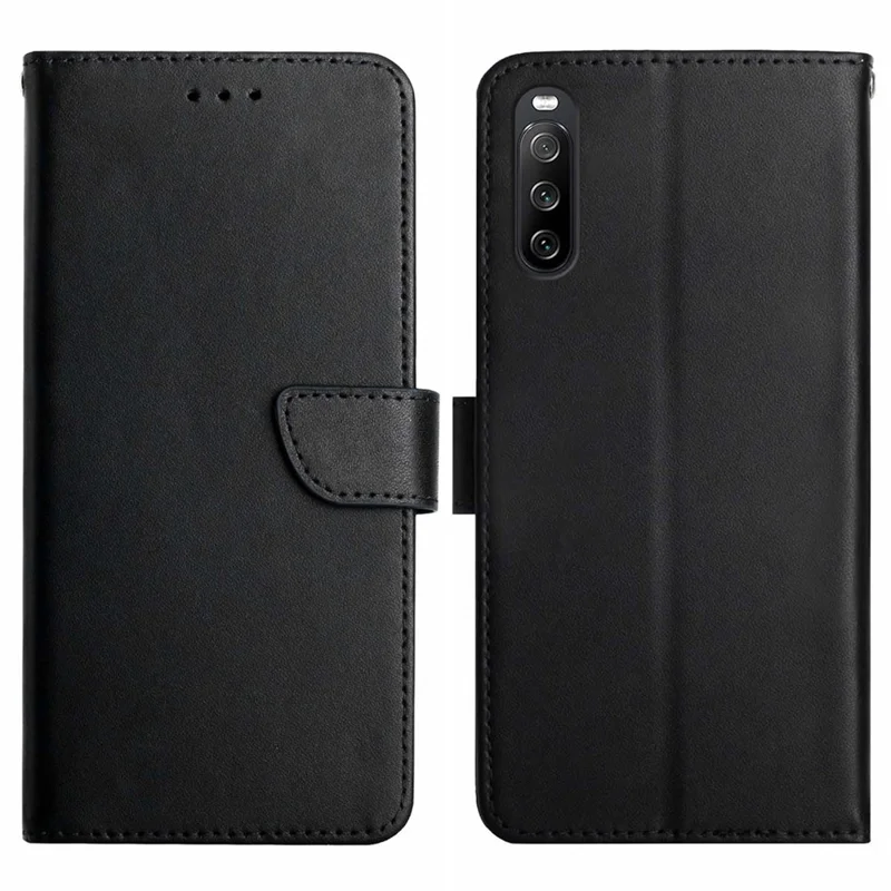 HT02 For Sony Xperia 10 VI Case Nappa Texture Genuine Cow Leather Phone Cover - Black