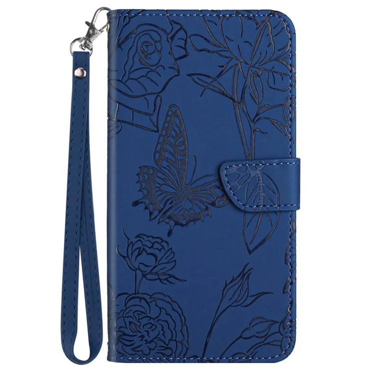 HT03 For Sony Xperia 10 VI Leather Case Butterfly Flower Wallet Phone Cover with Wrist Strap - Blue