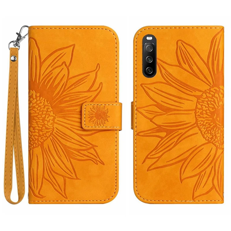 HT04 Para Sony Xperia 10 VI Estuche de Cuero con Correa de Muñeca Cubierta de Teléfono Girasol - Amarillo