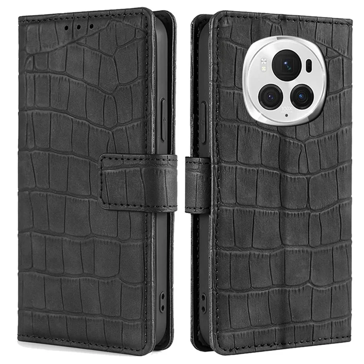 For Honor Magic6 Pro 5G Case Crocodile Texture 3 Card Slots Flip Stand Phone Cover - Black