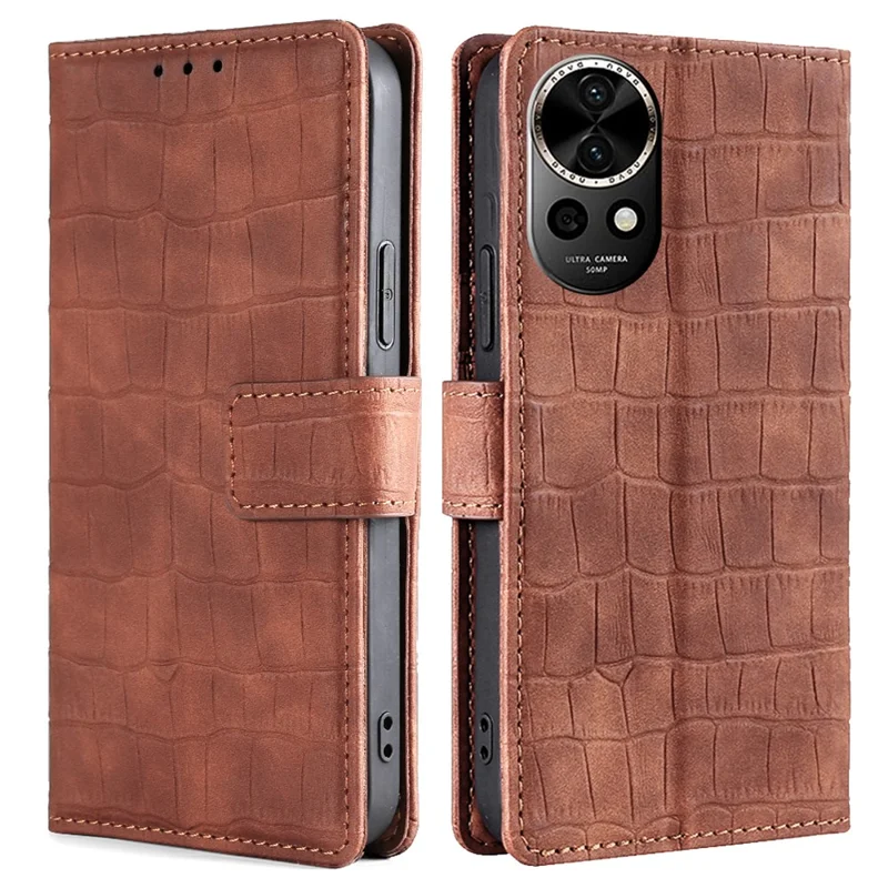 For Huawei nova 12 5G Case Crocodile Texture Leather Wallet Cover with Magnetic Clasp - Brown