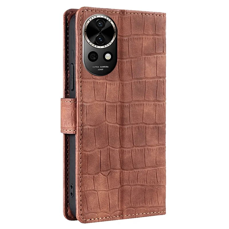 For Huawei nova 12 5G Case Crocodile Texture Leather Wallet Cover with Magnetic Clasp - Brown