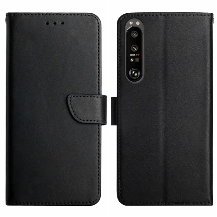 HT02 For Sony Xperia 1 VI Phone Case Nappa Texture Genuine Cow Leather Flip Cover - Black