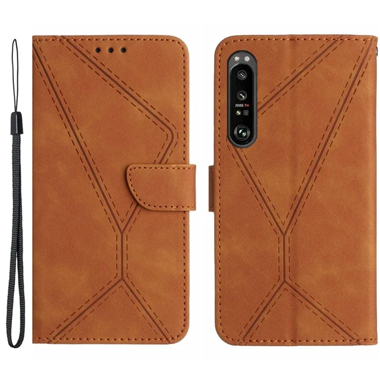 HT05 Per Sony Xperia 1 VI Case Lines Imprinted Skin-touch Wallet Leather Phone Cover - Marrone