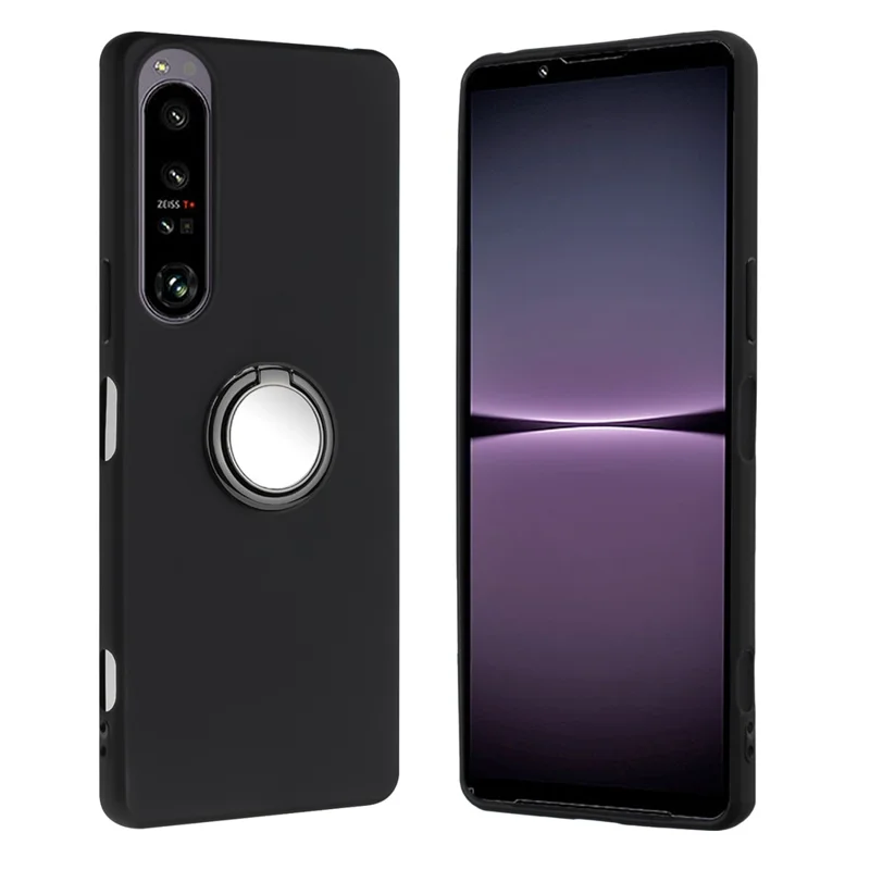 For Sony Xperia 1 VI Cell Phone Cases Matte Soft TPU Cover with Ring Holder Kickstand - Black