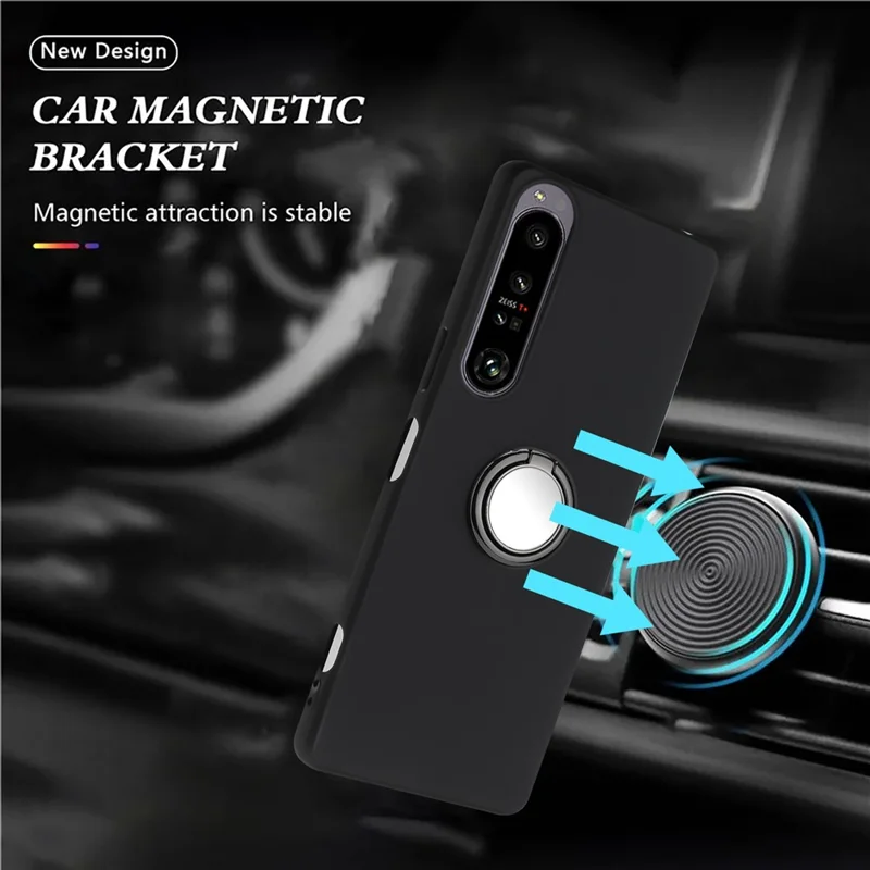 For Sony Xperia 1 VI Cell Phone Cases Matte Soft TPU Cover with Ring Holder Kickstand - Black