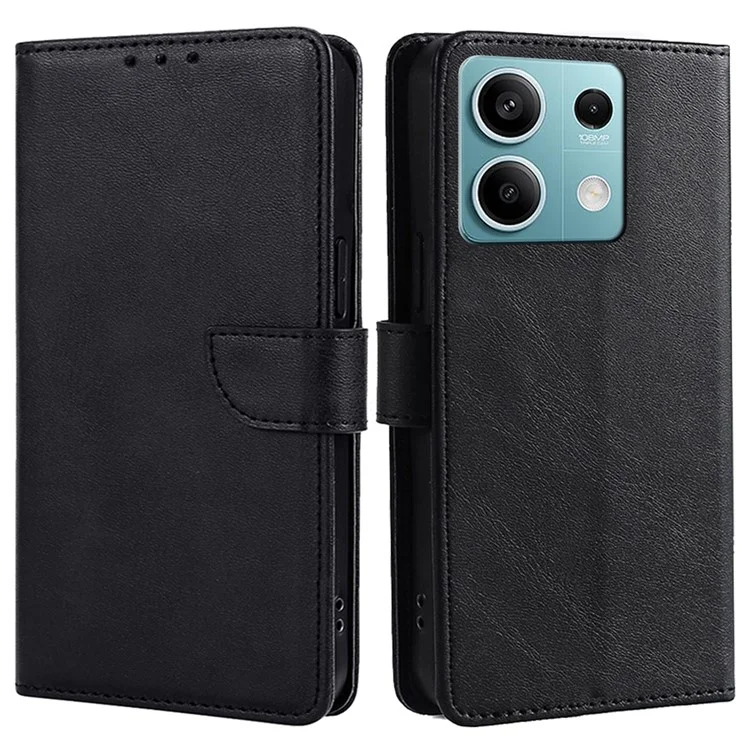 For Xiaomi Redmi Note 13 4G Case Calf Texture Leather Wallet Stand Cover Magnetic Clasp - Black