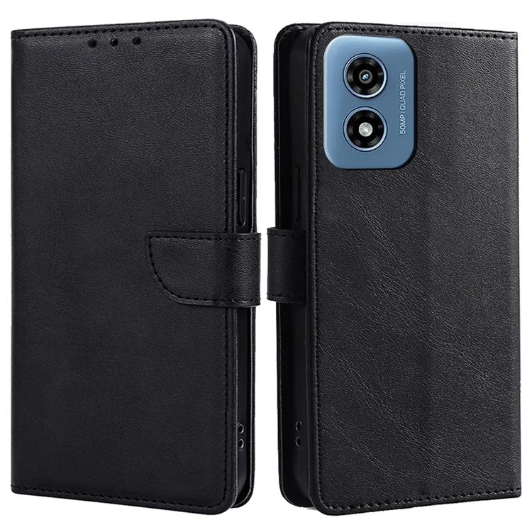 For Motorola Moto G Play (2024) 4G Wallet Stand Cover Case Calf Texture Leather Magnetic Clasp Phone Shell - Black