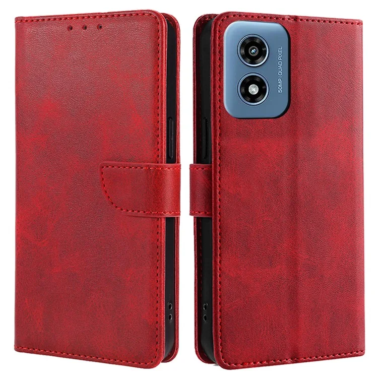 For Motorola Moto G Play (2024) 4G Wallet Stand Cover Case Calf Texture Leather Magnetic Clasp Phone Shell - Red