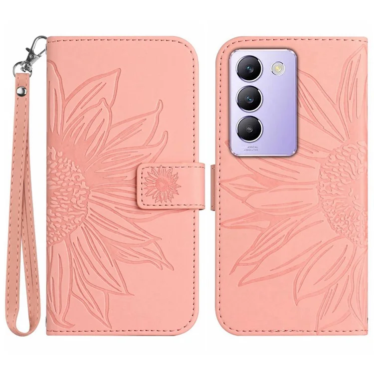 HT04 For vivo Y200e 5G / Y100 5G (Indonesia) / T3 5G (India) / V30 Lite 5G (India) Case Sunflower Leather Wallet Stand Phone Cover - Light Pink