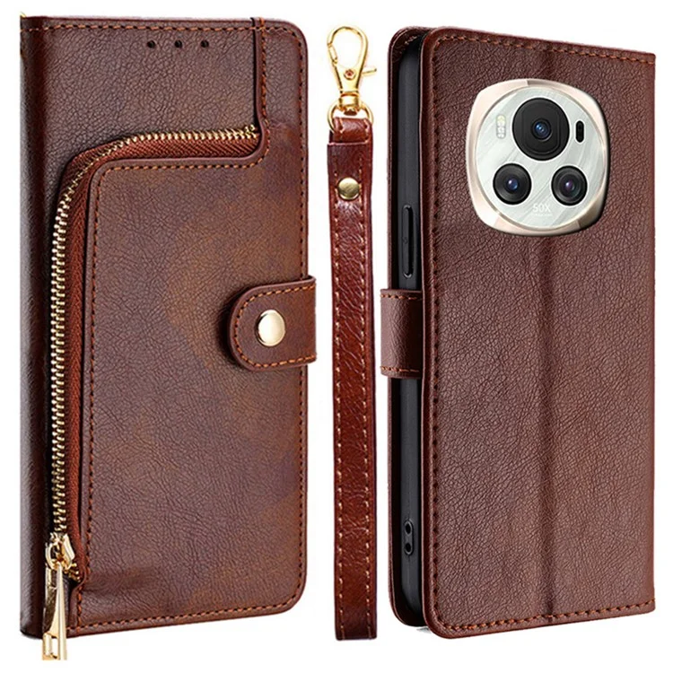 For Honor Magic6 5G Case Zipper Pocket Wallet Leather Phone Cover - Braun