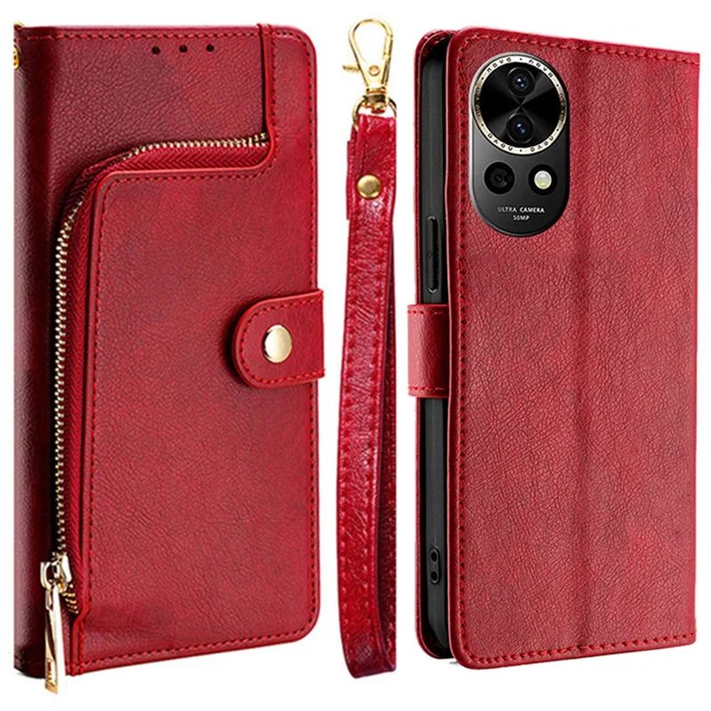 For Huawei nova 12 5G Case PU Leather Zippered Wallet Mobile Phone Stand Cover - Red