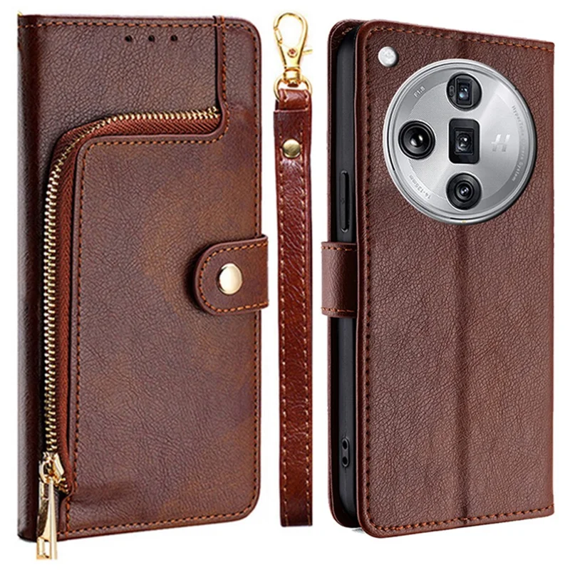 For Oppo Find X7 Ultra Case Zipper Pocket Wallet Leather Phone Cover - Brown