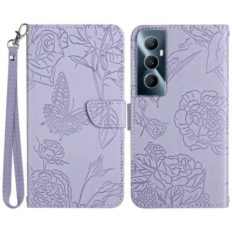 HT03 For Realme C65 4G PU Leather Phone Stand Case Imprinted Pattern Phone Wallet Cover with Hand Strap - Roxo