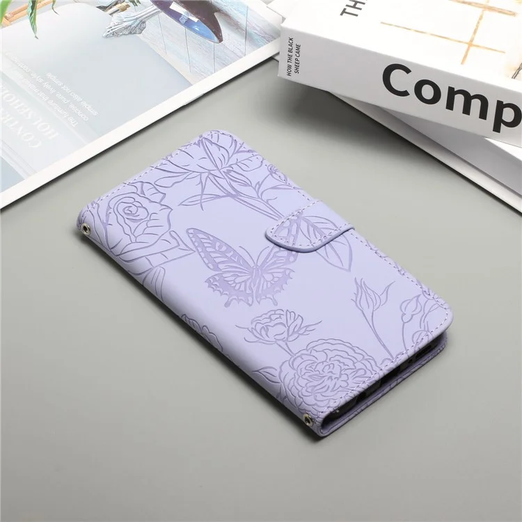 HT03 For Realme C65 4G PU Leather Phone Stand Case Imprinted Pattern Phone Wallet Cover with Hand Strap - Roxo