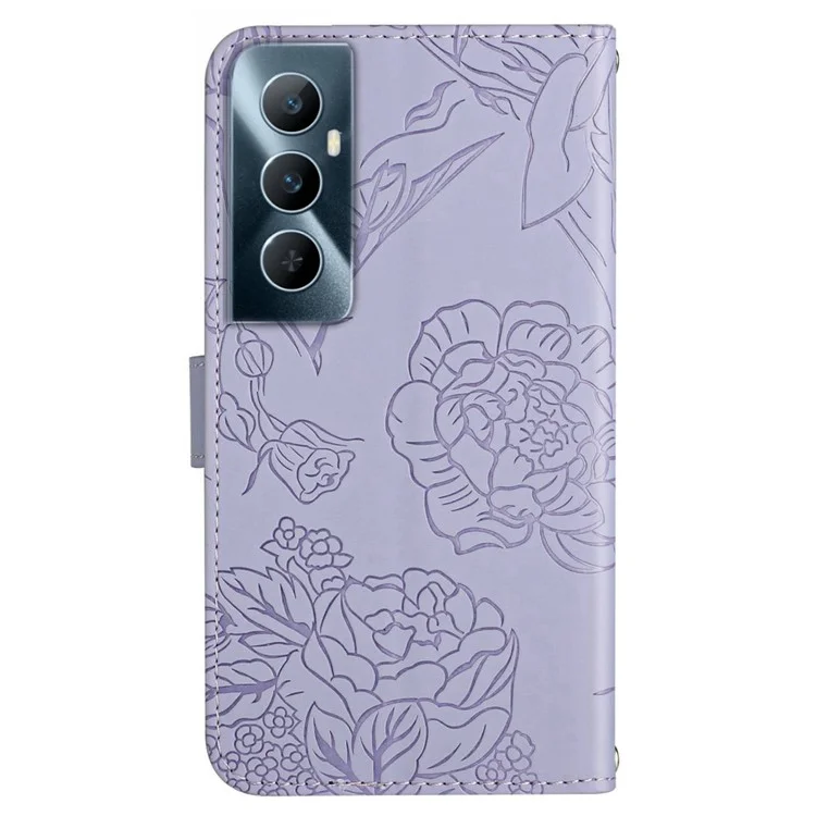 HT03 For Realme C65 4G PU Leather Phone Stand Case Imprinted Pattern Phone Wallet Cover with Hand Strap - Roxo
