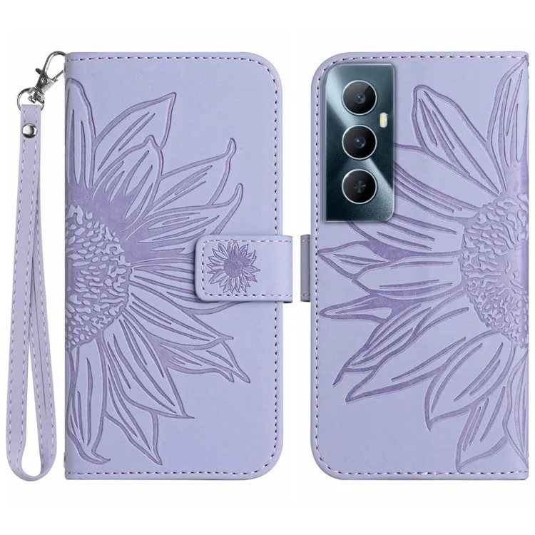 HT04 For Realme C65 4G Case Sunflower Leather Phone Cover with Wallet Stand - Light Purple