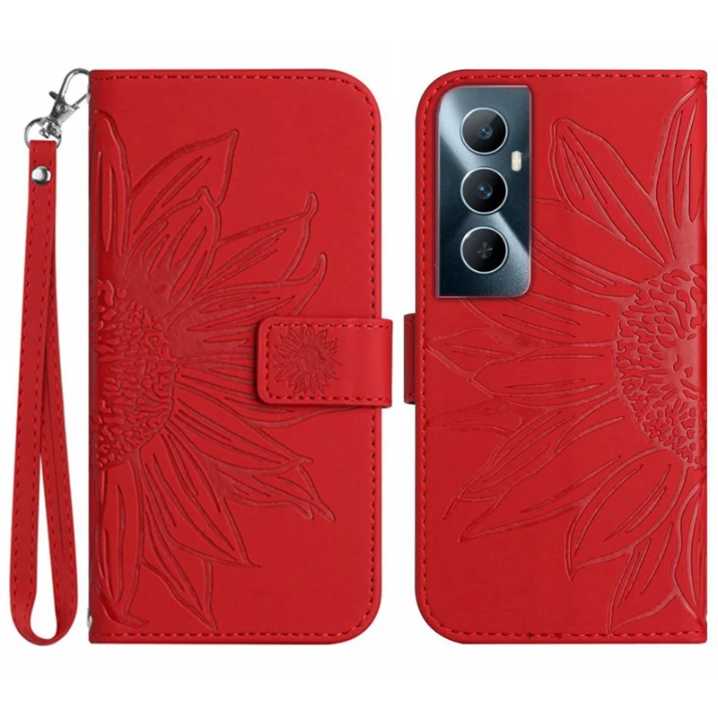 HT04 For Realme C65 4G Case Sunflower Leather Phone Cover with Wallet Stand - Red