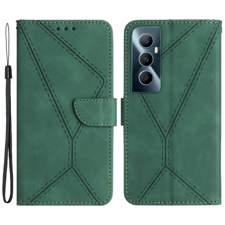HT05 For Realme C65 4G Case Lines Imprinted PU Leather Anti-fall Phone Cover - Green