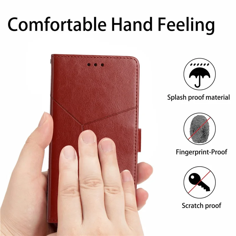 For Samsung Galaxy M55 5G / C55 5G / F55 5G Case with Wrist Strap Y Shaped Lines Imprint Leather Phone Cover - Brown