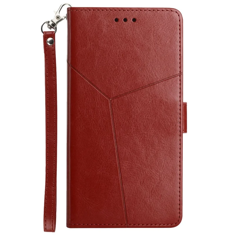 For Samsung Galaxy M55 5G / C55 5G / F55 5G Case with Wrist Strap Y Shaped Lines Imprint Leather Phone Cover - Brown