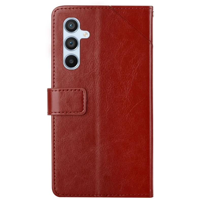 For Samsung Galaxy M55 5G / C55 5G / F55 5G Case with Wrist Strap Y Shaped Lines Imprint Leather Phone Cover - Brown