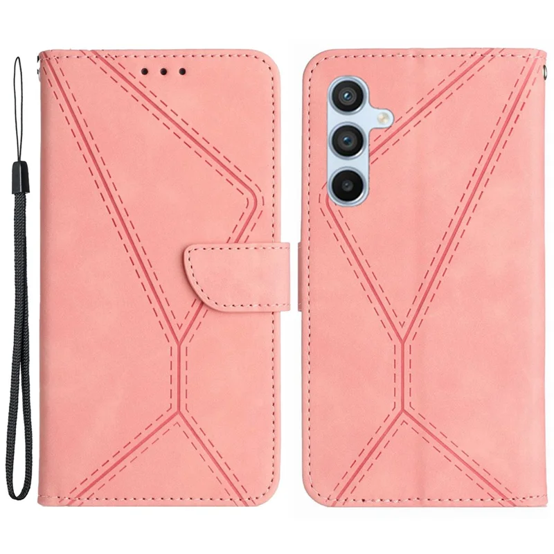 HT05 For Samsung Galaxy M55 5G / C55 5G / F55 5G Case Lines Imprinted Leather Wallet Stand Cover - Pink