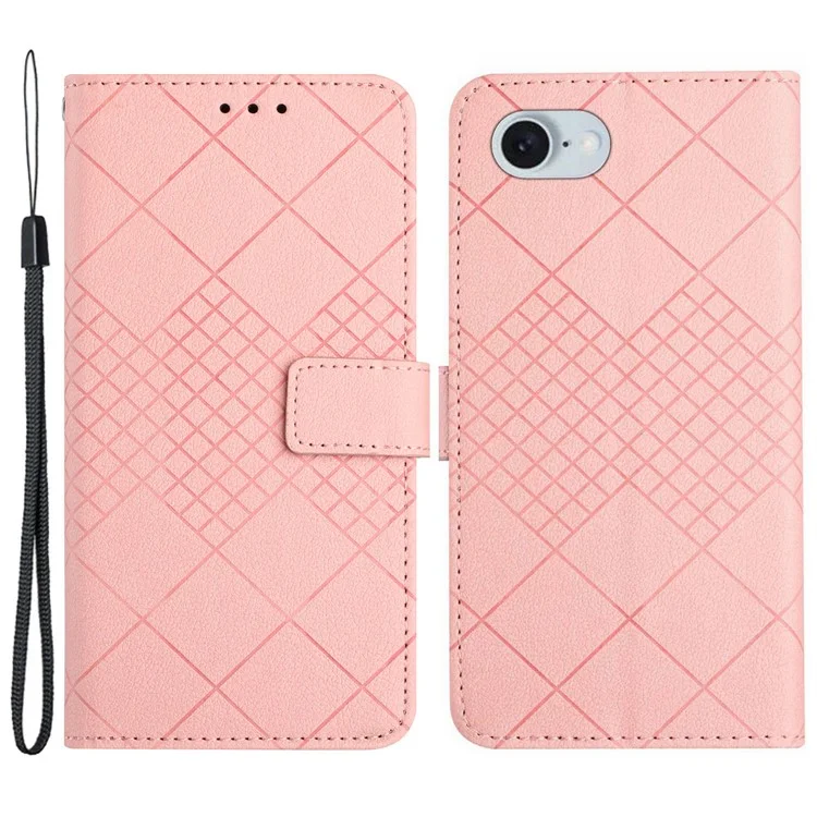 HT06 For iPhone 16e Drop-Proof Phone Case Rhombus Pattern PU Leather Wallet Cover - Pink