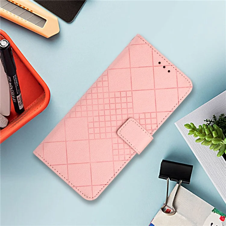 HT06 For iPhone 16e Drop-Proof Phone Case Rhombus Pattern PU Leather Wallet Cover - Pink