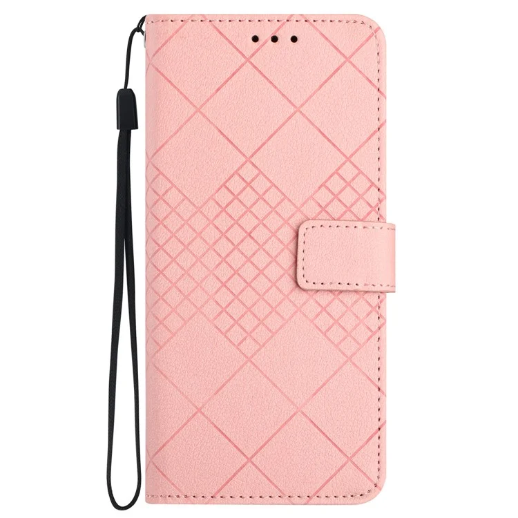 HT06 For iPhone 16e Drop-Proof Phone Case Rhombus Pattern PU Leather Wallet Cover - Pink
