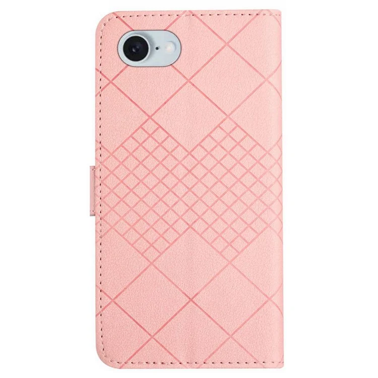 HT06 For iPhone 16e Drop-Proof Phone Case Rhombus Pattern PU Leather Wallet Cover - Pink