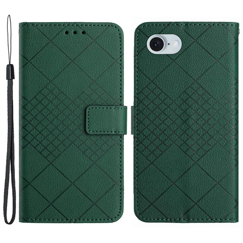 HT06 For iPhone 17e / 16e Drop-Proof Phone Case Rhombus Pattern PU Leather Wallet Cover - Green