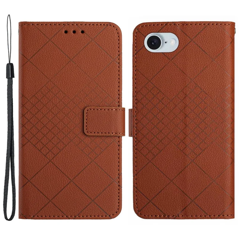 HT06 För iPhone 16e Drop-Proof mobilskal Rombmönstrad PU-läderskärmskydd - Brun