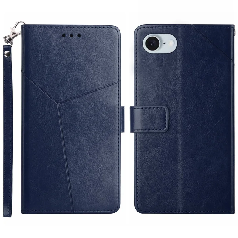 For iPhone 17e / 16e Case with Wrist Strap Y Shaped Lines Imprint Leather Phone Cover - Blue