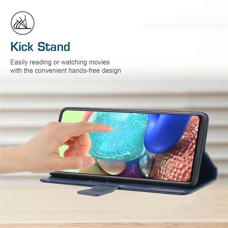 For iPhone 17e / 16e Case with Wrist Strap Y Shaped Lines Imprint Leather Phone Cover - Blue