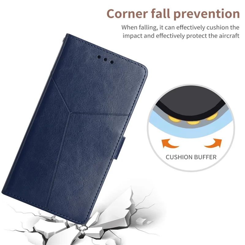 For iPhone 17e / 16e Case with Wrist Strap Y Shaped Lines Imprint Leather Phone Cover - Blue